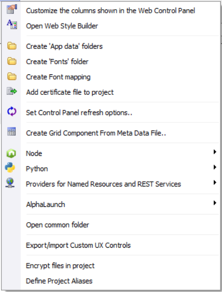 The menu that appears when clicking the More button in the Web Projects Control
Panel.